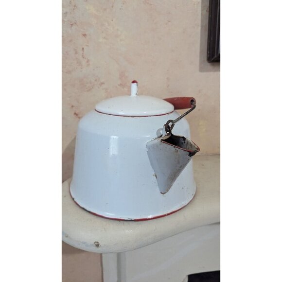 Vintage Enamel White Teapot With Red Trim & Wooden Handle - Picture 11 of 13